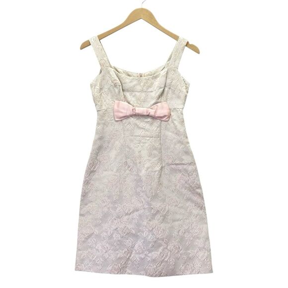 Vintage 1960s Handmade Taupe Blush Brocade Mini Dress Pastel Pink Bow – Size 0/2 - Picture 4 of 15